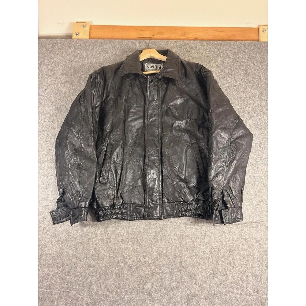 Vintage Cellini Leather Bomber Biker Jacket Mens Size Medium Black Mosaic Stitch